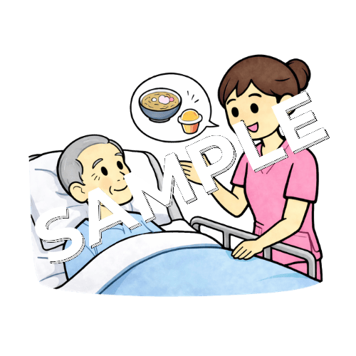 高齢男性患者に術後の食事開始説明をする女性看護師のイラスト