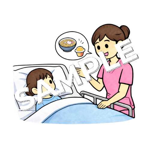 女の子の患者に術後の食事開始説明をする女性看護師のイラスト