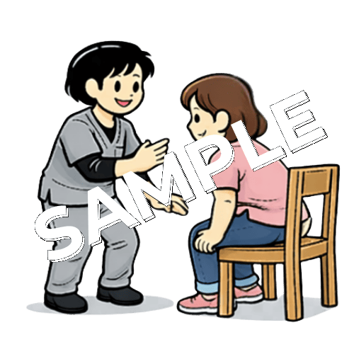 患者に立ち上がり動作のコツを説明する女性理学療法士のイラスト