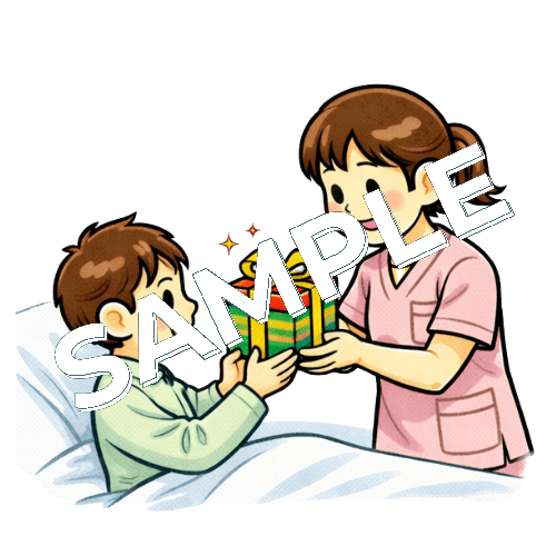 小児患者にクリスマスプレゼントを渡す女性看護師のイラスト