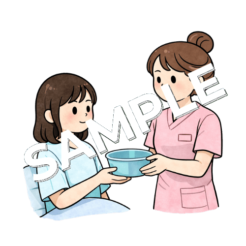 女性患者にガーグルベースンを渡してうがいを促す女性看護師のイラスト
