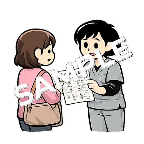 患者の退院時にリハビリ自主トレメニュー表を渡す女性理学療法士のイラスト