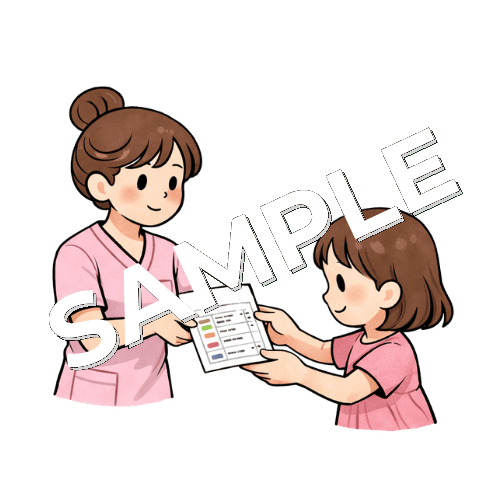 女の子の患者に薬の一覧表を渡す女性看護師のイラスト