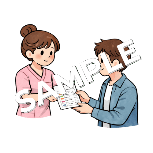 男性患者に薬の一覧表を渡す女性看護師のイラスト