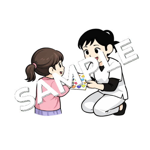 女の子にご褒美シールを渡す女性あん摩マッサージ指圧師のイラスト