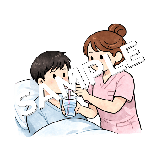 男性患者にストローで水を飲ませる女性看護師のイラスト