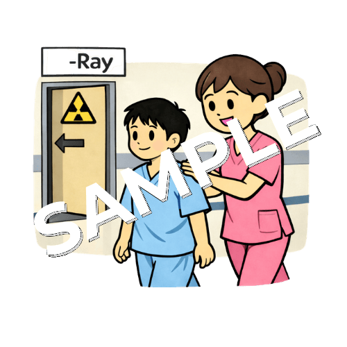 男の子の患者をレントゲン室へ誘導する女性看護師のイラスト
