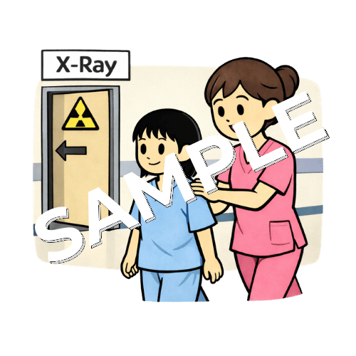 女の子の患者をレントゲン室へ誘導する女性看護師のイラスト