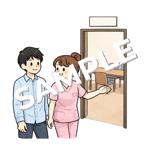 男性患者を面談室へ案内する女性看護師のイラスト