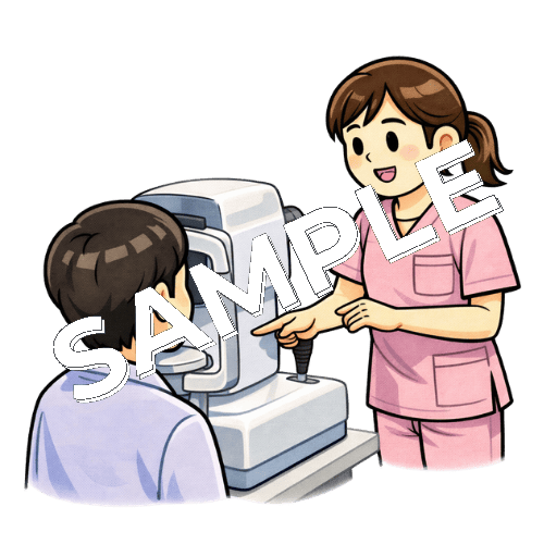 顎台に顔をのせるよう案内する女性看護師のイラスト