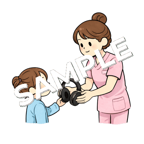 女の子の患者にイヤーマフ（聴覚過敏対応）を渡す女性看護師のイラスト