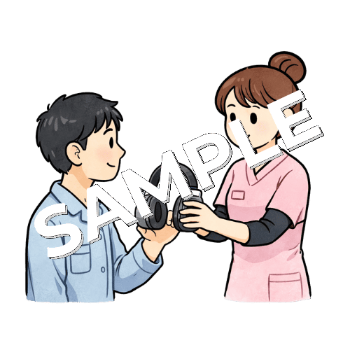 男性患者にイヤーマフ（聴覚過敏対応）を渡す女性看護師のイラスト
