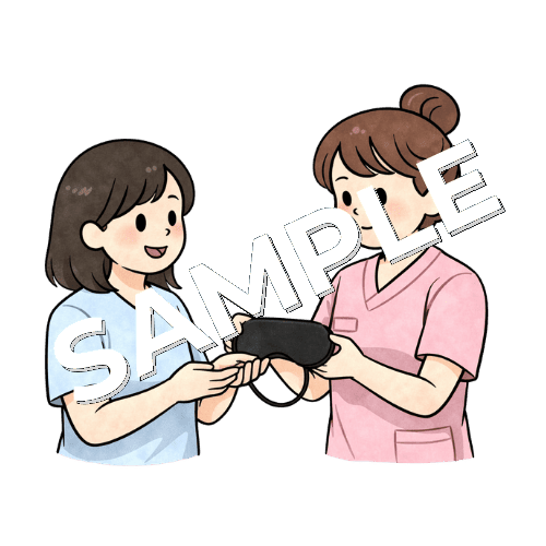 女性患者にアイマスクを渡す（刺激遮断）女性看護師のイラスト