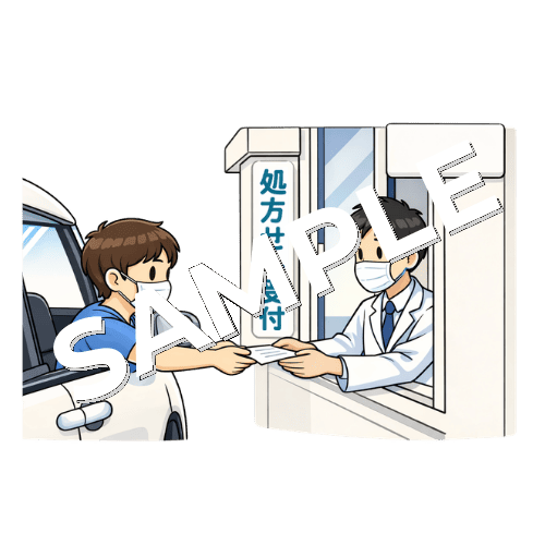 ドライブスルー薬局で男性患者に薬を渡す男性薬剤師のイラスト