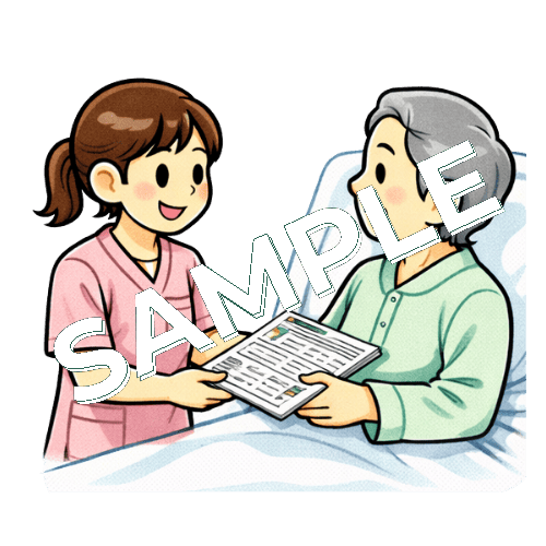 入院患者に新聞紙を渡す女性看護師のイラスト