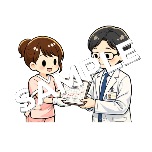 医師に検温表を手渡す女性看護師のイラスト