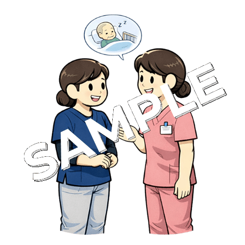 看護師から患者の夜間の様子を聞く女性作業療法士のイラスト