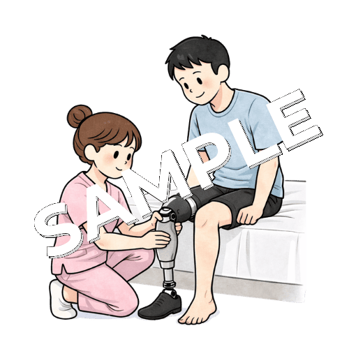 男性患者の義足の装着を手伝う女性看護師のイラスト