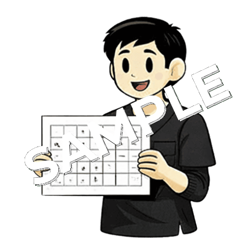 書字練習用のプリントを持っている男性作業療法士のイラスト