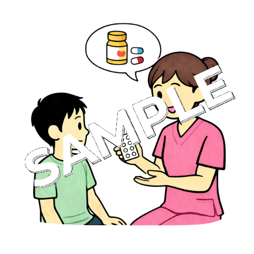 男の子の患者に服薬指導をする女性看護師のイラスト