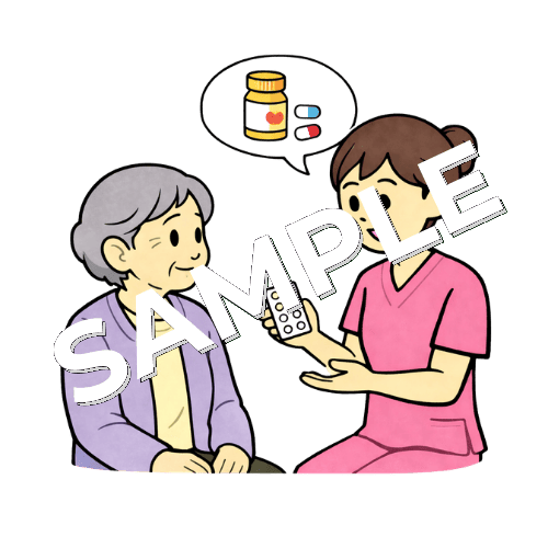 高齢女性患者に服薬指導をする女性看護師のイラスト