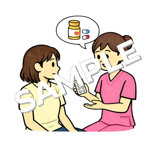 女性患者に服薬指導をする女性看護師のイラスト