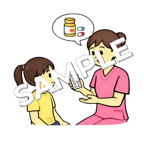 女の子の患者に服薬指導をする女性看護師のイラスト