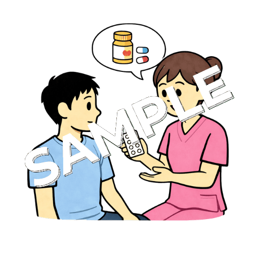 男性患者に服薬指導をする女性看護師のイラスト