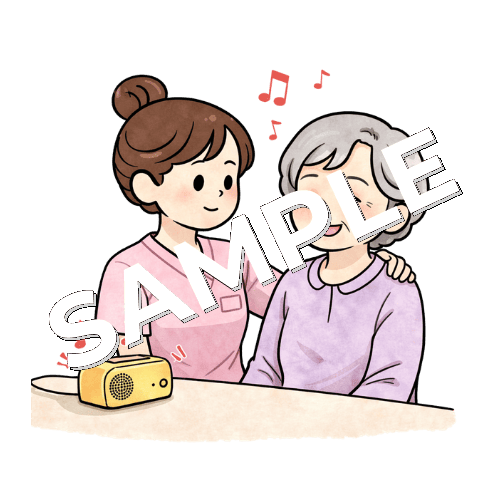 高齢女性患者と一緒に音楽を聴く女性看護師のイラスト