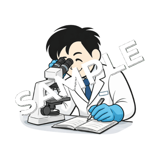 顕微鏡をのぞきながらノートに記録する男性薬剤師のイラスト