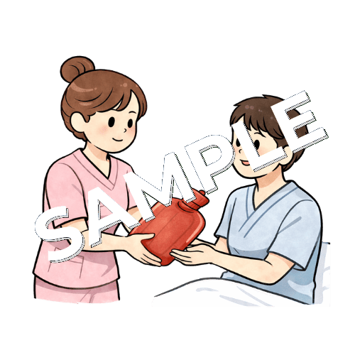 男性患者に湯たんぽを渡す女性看護師のイラスト