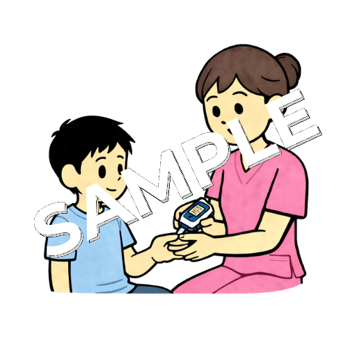 男の子の患者の血糖測定（指先穿刺）をしている女性看護師のイラスト