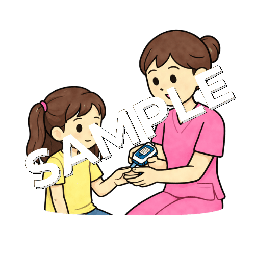 女の子の患者の血糖測定（指先穿刺）をしている女性看護師のイラスト