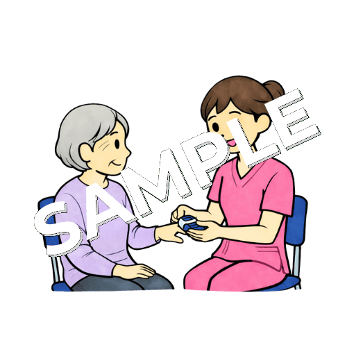 高齢女性患者のSpO₂測定をする女性看護師のイラスト