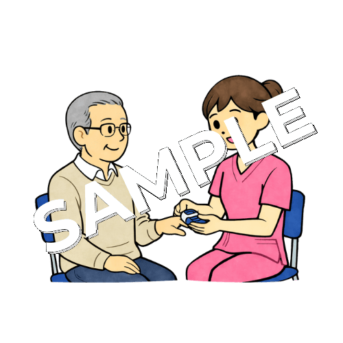高齢男性患者のSpO₂測定をする女性看護師のイラスト
