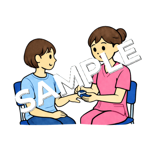 女性患者のSpO₂測定をする女性看護師のイラスト