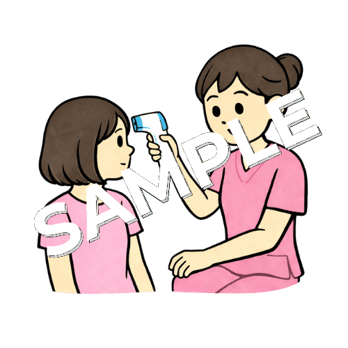 女性患者の体温を測る女性看護師のイラスト