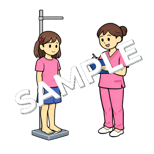 女の子の患者の身長測定をする女性看護師のイラスト