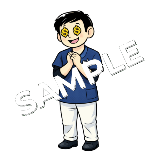 目がお金マークの男性理学療法士のイラスト