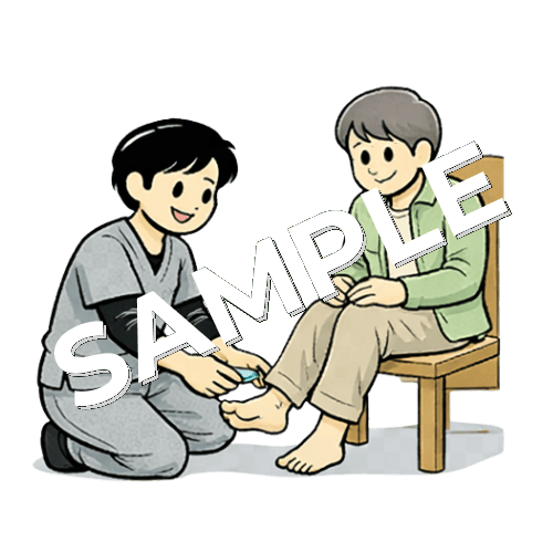 患者の足底にモノフィラメント検査をする男性理学療法士のイラスト