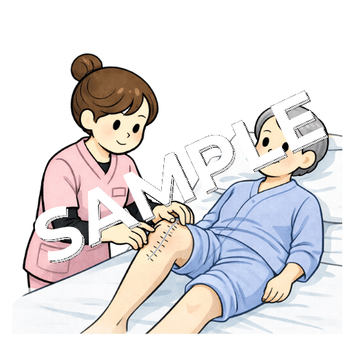 患者の傷口の状態を観察する女性看護師のイラスト