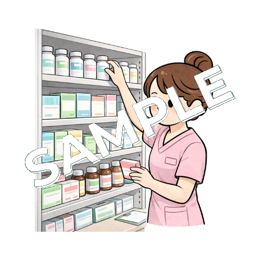 ナースステーションの薬品棚を整理する女性看護師のイラスト