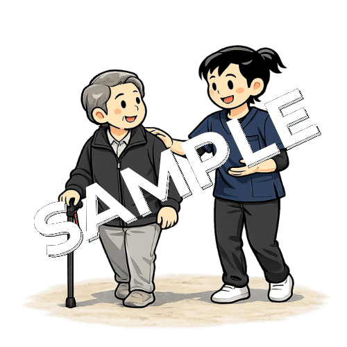 杖歩行の女性患者の屋外歩行訓練を行う女性理学療法士のイラスト