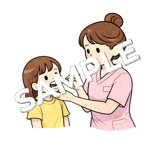女の子の患者の口腔ケアをする女性看護師のイラスト