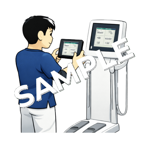 体組成計の画面をタブレットで撮影している男性理学療法士のイラスト