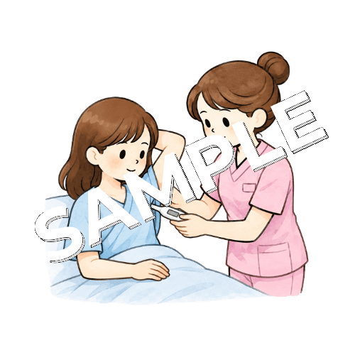 若者女性患者の脇に体温計を挟む女性看護師のイラスト
