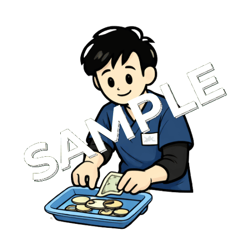 つり銭トレーにお釣りを置いている男性柔道整復師のイラスト