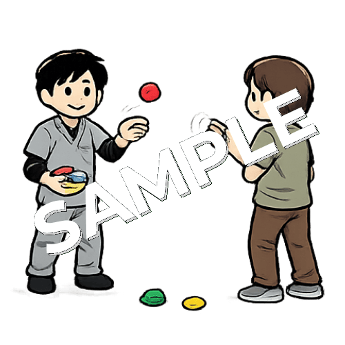 患者とお手玉キャッチボールをする男性作業療法士のイラスト