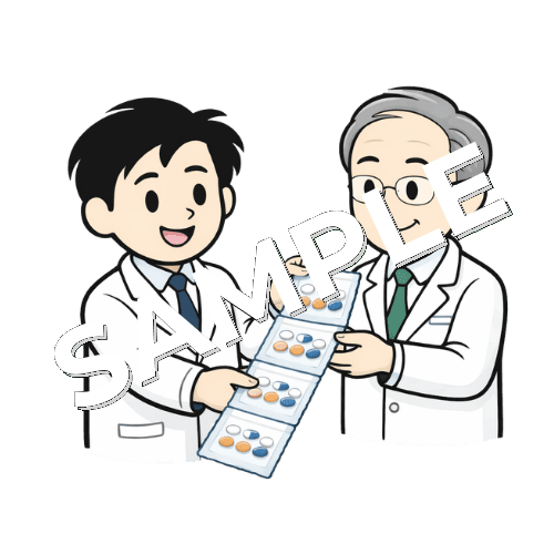 一包化した薬をダブルチャックしてもらう男性薬剤師のイラスト