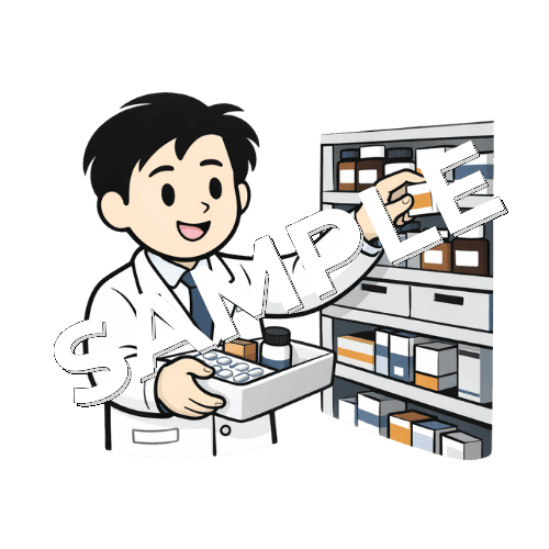 棚から薬をピッキングする男性薬剤師のイラスト